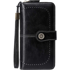  Női bőr pénztárca, BLEKSY, RFID blokkoló anti kártya szkennelés, cipzár és kézszíj, 19x11x3,5 cm, fekete