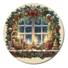  Nyomtatott fa tábla koszorú közép - Karácsonyi ablak gyertyás 11,8cm dekorációs kellék