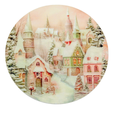  Nyomtatott fa tábla koszorú közép Pasztell házak 11,8cm dekorációs kellék