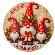  Nyomtatott fa tábla koszorú közép Piros manók 11,8cm dekorációs kellék