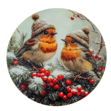  Nyomtatott fa tábla koszorú közép Sapkás madarak 14,8cm dekorációs kellék