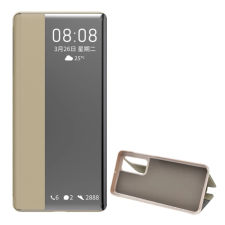 OEM Tok álló. bőr hatású (FLIP. oldalra nyíló. asztali tartó. ablakos) BARNA tok és táska