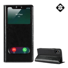 OEM Tok álló. valódi bőr (FLIP. oldalra nyíló. asztali tartó. ablakos) FEKETE tok és táska