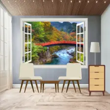  Öntapadó és mosható falfestmény Ablakhíd, erdő, ősz, 300 x 200 cm tapéta, díszléc és más dekoráció