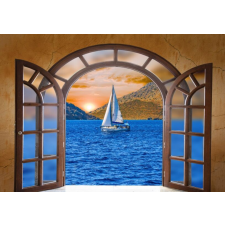  Öntapadós tapéta Fa kapu, tenger, csónak, 350 x 250 cm tapéta, díszléc és más dekoráció