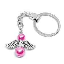 Őrangyal kulcstartó pink mesterséges gyöngyökkel, ezüst színben kulcstartó