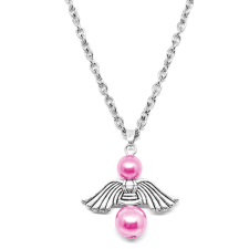Őrangyal medál pink mesterséges gyöngyökkel, ezüst színű nyaklánccal nyaklánc