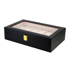  Óratartó doboz, 12 db karórához, kívül fekete színű festett fa felület, belül krém színű textil borítás ékszerdoboz