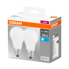  OSRAM Base LED körte, matt plasztik búra, 8,5W 806lm 4000K E27 − 2 db-os szett, átlagos élettartam: 10000 óra, fényszín: hideg fehér LED BASE CL A 60 FR 8.5W 4000K E27 x2 ( 4058075152670 ) izzó