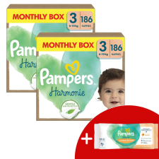 Pampers Harmonie havi Pelenkacsomag 6-10kg Midi 3 (2x186db) + Ajándék Törlőkendő pelenka