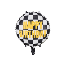 PartyDeco Autóversenyzős fólia lufi &quot;Happy Birthday&quot; 45 cm party kellék