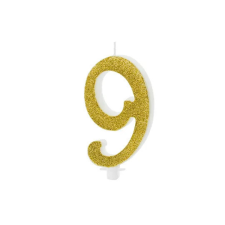 PartyDeco születésnapi glitter gyertya, 9, arany, 10cm party kellék