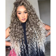  Platinum ombre göndör szintetikus lace front paróka 65cm paróka