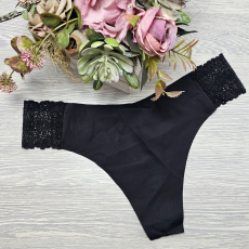 Poppy Lézervágott csipkés szélű tanga Fekete