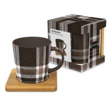 PPD Porcelánbögre 0,4l akácfa alátéttel, dobozban, Check brown bögrék, csészék