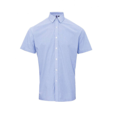 Premier Férfi ing Premier PR221 Men'S Short Sleeve Gingham Cotton Microcheck Shirt -XL, Light Blue/White