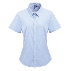 Premier Női blúz Premier PR321 Women'S Short Sleeve Gingham Microcheck Shirt -XL, Light Blue/White