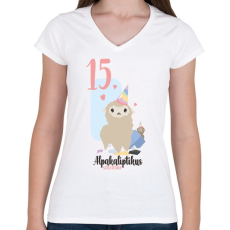 PRINTFASHION 15. Alpakaliptikus születésnap - Alpaca póló 15. születésnapra - Női V-nyakú póló - Fehér