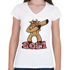 PRINTFASHION 2021 táncoló tehén  - Női V-nyakú póló - Fehér