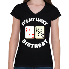 PRINTFASHION 29 POKER SZÜLINAP - Női V-nyakú póló - Fekete