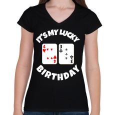 PRINTFASHION 43 POKER SZÜLINAP - Női V-nyakú póló - Fekete