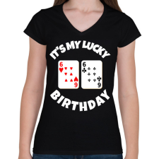PRINTFASHION 66 POKER SZÜLINAP - Női V-nyakú póló - Fekete női póló