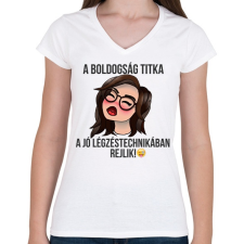 PRINTFASHION a boldogság titka - Női V-nyakú póló - Fehér női póló