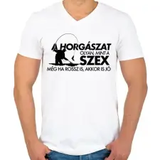 PRINTFASHION A horgászat olyan, mint a szex - Férfi V-nyakú póló - Fehér férfi póló