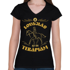 PRINTFASHION A lovaglás a terápiám - Női V-nyakú póló - Fekete női póló