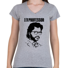 PRINTFASHION A nagy pénzrablás - EL PROFESSOR - Női V-nyakú póló - Sport szürke