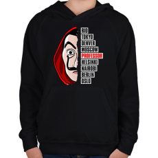 PRINTFASHION A nagy pénzrablás - La Casa de Papel - Money Heist - Gyerek kapucnis pulóver - Fekete