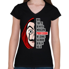 PRINTFASHION A nagy pénzrablás - La Casa de Papel - Money Heist - Női V-nyakú póló - Fekete