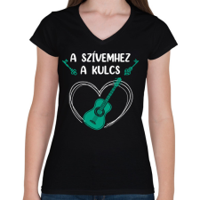 PRINTFASHION A szívemhez a kulcs - Gitár - Női V-nyakú póló - Fekete női póló