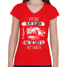 PRINTFASHION A természet az én vallásom - Női V-nyakú póló - Piros