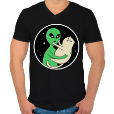 PRINTFASHION Alien és macska - Férfi V-nyakú póló - Fekete