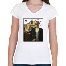 PRINTFASHION American gothic- Parody - Női V-nyakú póló - Fehér női póló