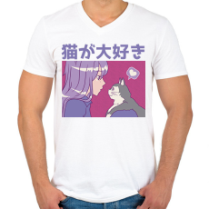 PRINTFASHION Animés csaj és cica - Férfi V-nyakú póló - Fehér