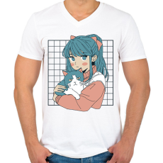 PRINTFASHION Animés lány cicával - Férfi V-nyakú póló - Fehér