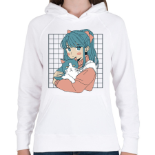 PRINTFASHION Animés lány cicával - Női kapucnis pulóver - Fehér női pulóver, kardigán