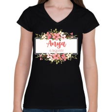 PRINTFASHION Anya a legjobb! - Virágos - Női V-nyakú póló - Fekete