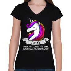 PRINTFASHION Anya unikornis - Női V-nyakú póló - Fekete
