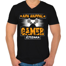 PRINTFASHION Apa nappal, Gamer éjszaka - Férfi V-nyakú póló - Fekete férfi póló