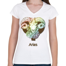 PRINTFASHION Aries színes - Női V-nyakú póló - Fehér