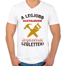 PRINTFASHION Asztalos szülinapja április színes - Férfi V-nyakú póló - Fehér