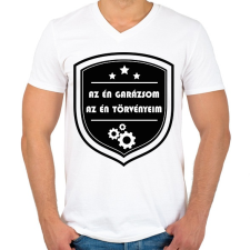PRINTFASHION Az én garázsom, az én törvényeim - Férfi V-nyakú póló - Fehér férfi póló