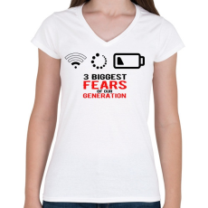 PRINTFASHION Az új generáció legnagyobb félelmei - Női V-nyakú póló - Fehér