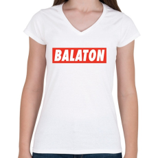 PRINTFASHION Balaton - Piros háttér - Női V-nyakú póló - Fehér