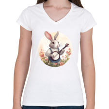 PRINTFASHION Banjos nyuszi - Női V-nyakú póló - Fehér női póló
