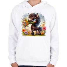 PRINTFASHION Barna póni virágcsokorral - Gyerek kapucnis pulóver - Fehér