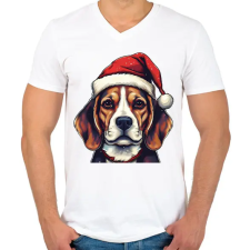 PRINTFASHION Beagle mikulás sapkában - Férfi V-nyakú póló - Fehér férfi póló
